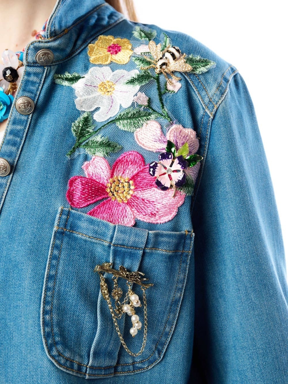 Aratta Celine Maxi Shirt Dress - Denim And Embroidery Florals - Picture 4 of 9